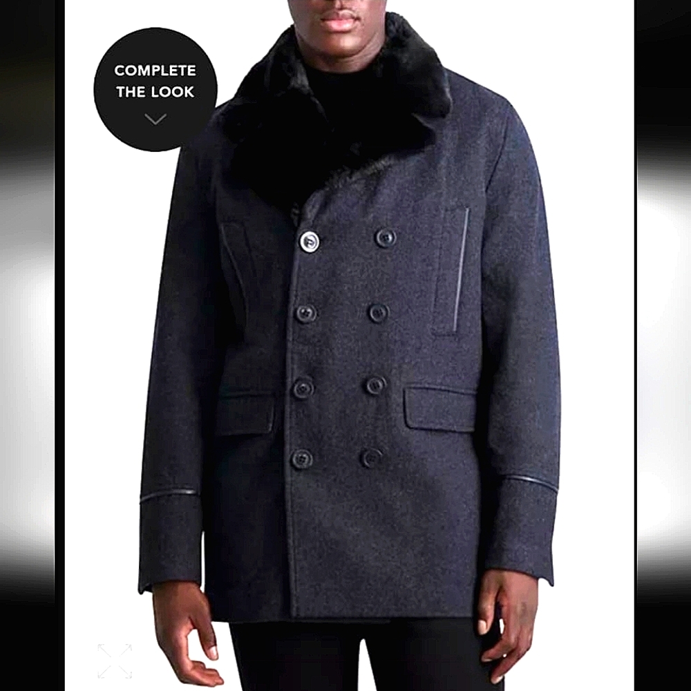 New MENs KARL LAGERFELD  Double-Breasted Dark Gray/Black Peacoat - SMALL